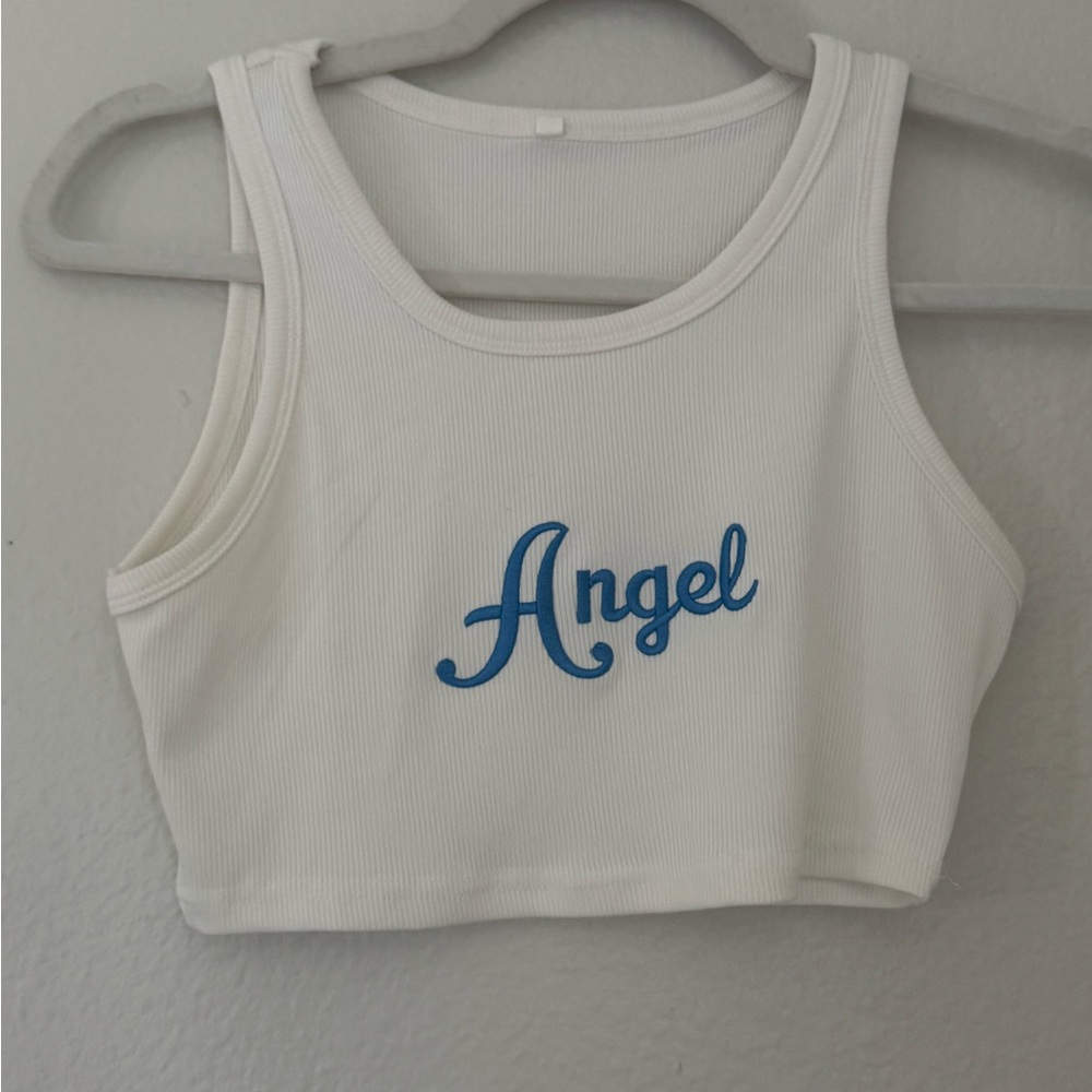 White Crop Top with Blue 'Angel' Embroidery - Picture 1 of 2